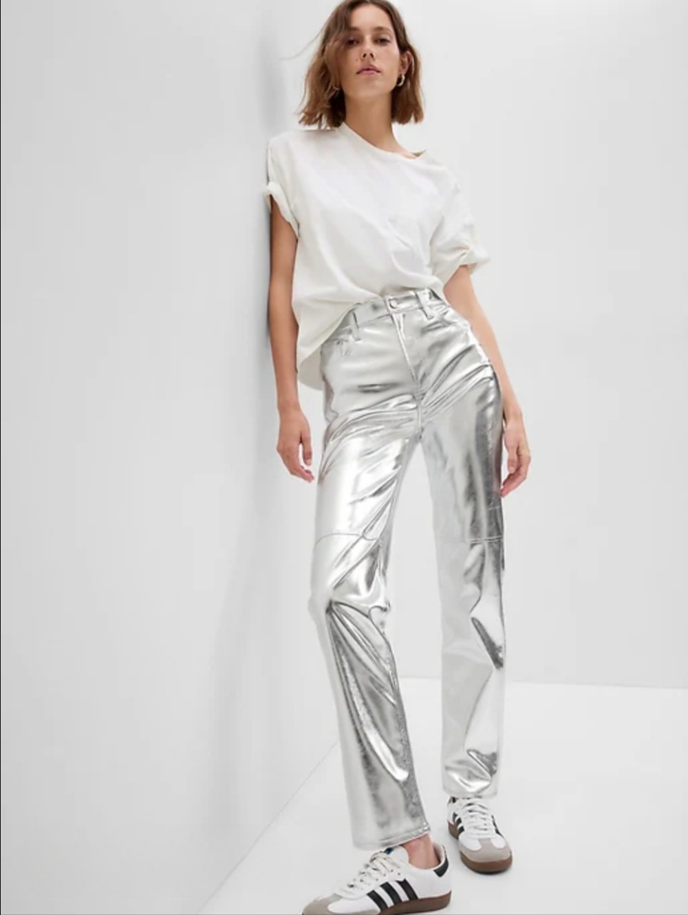 NWT GAP Silver High Rise Vegan Leather Cheeky Straight Pant Straight-Leg 16R